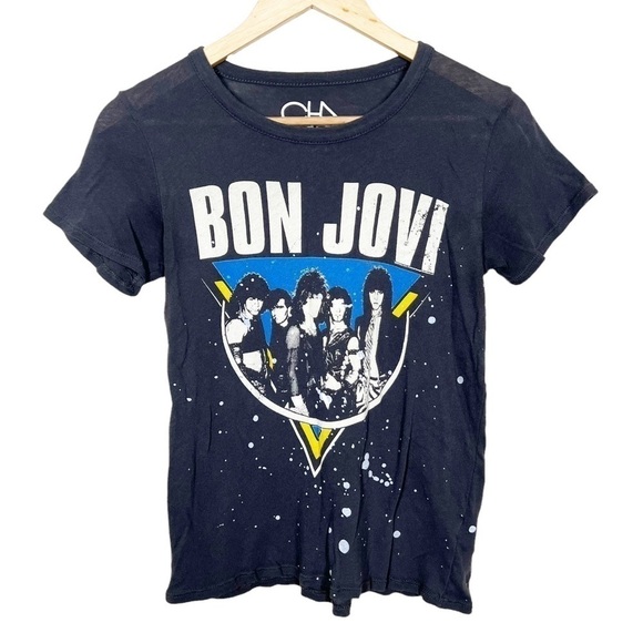 Chaser Tops - Chaser Womens Bon Jovi Graphic Burnout Paint Splatter Short Sleeve Tee Shirt
